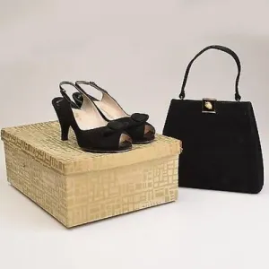 1950s Black Peeptoe Shoes with Matching Purse