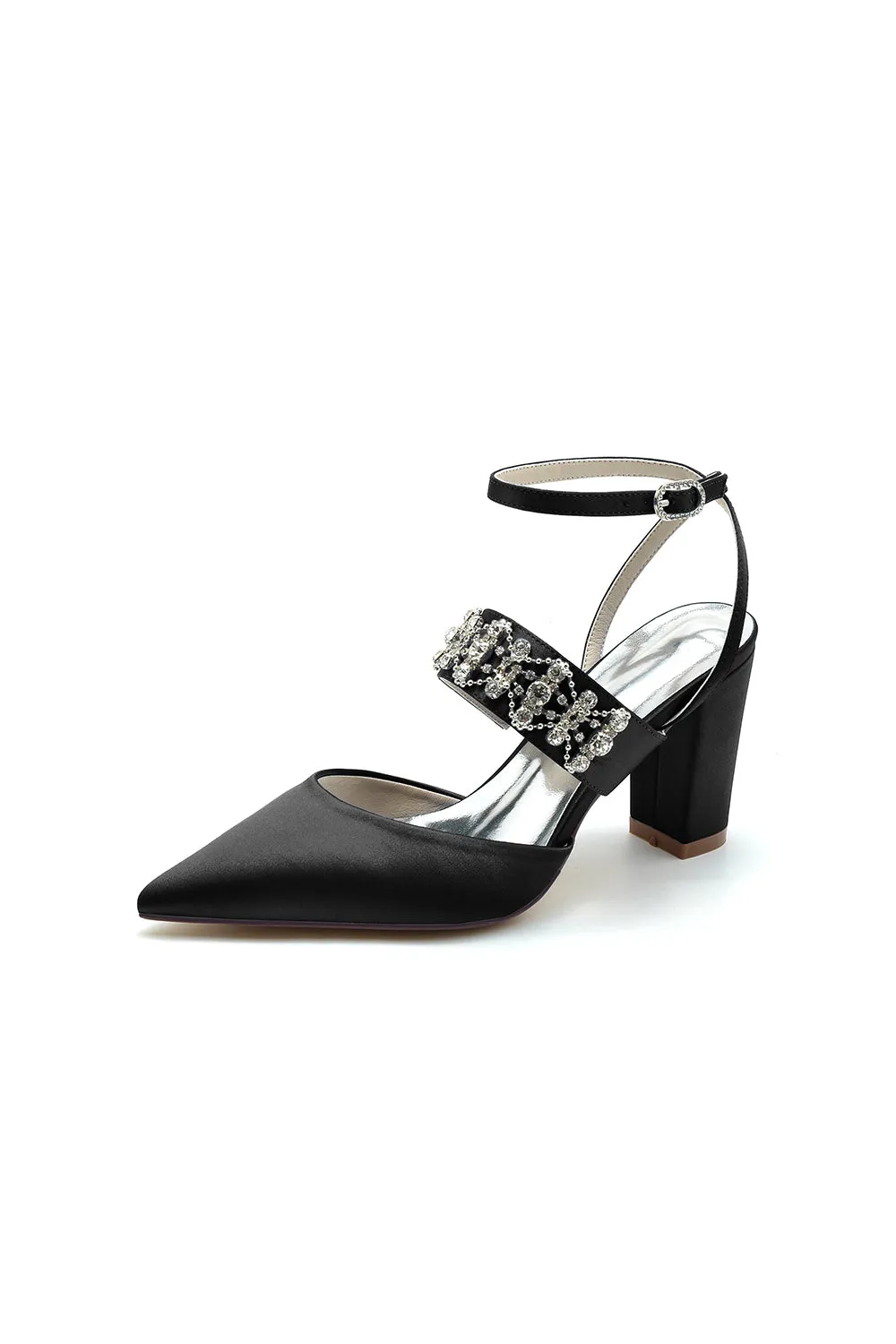 Black Satin Pump with Sparkling Silver Accent