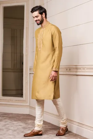 Brown Self Textured Silk Jacquard Kurta Set With Embroidered Neck And Collar