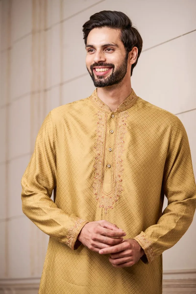 Brown Self Textured Silk Jacquard Kurta Set With Embroidered Neck And Collar