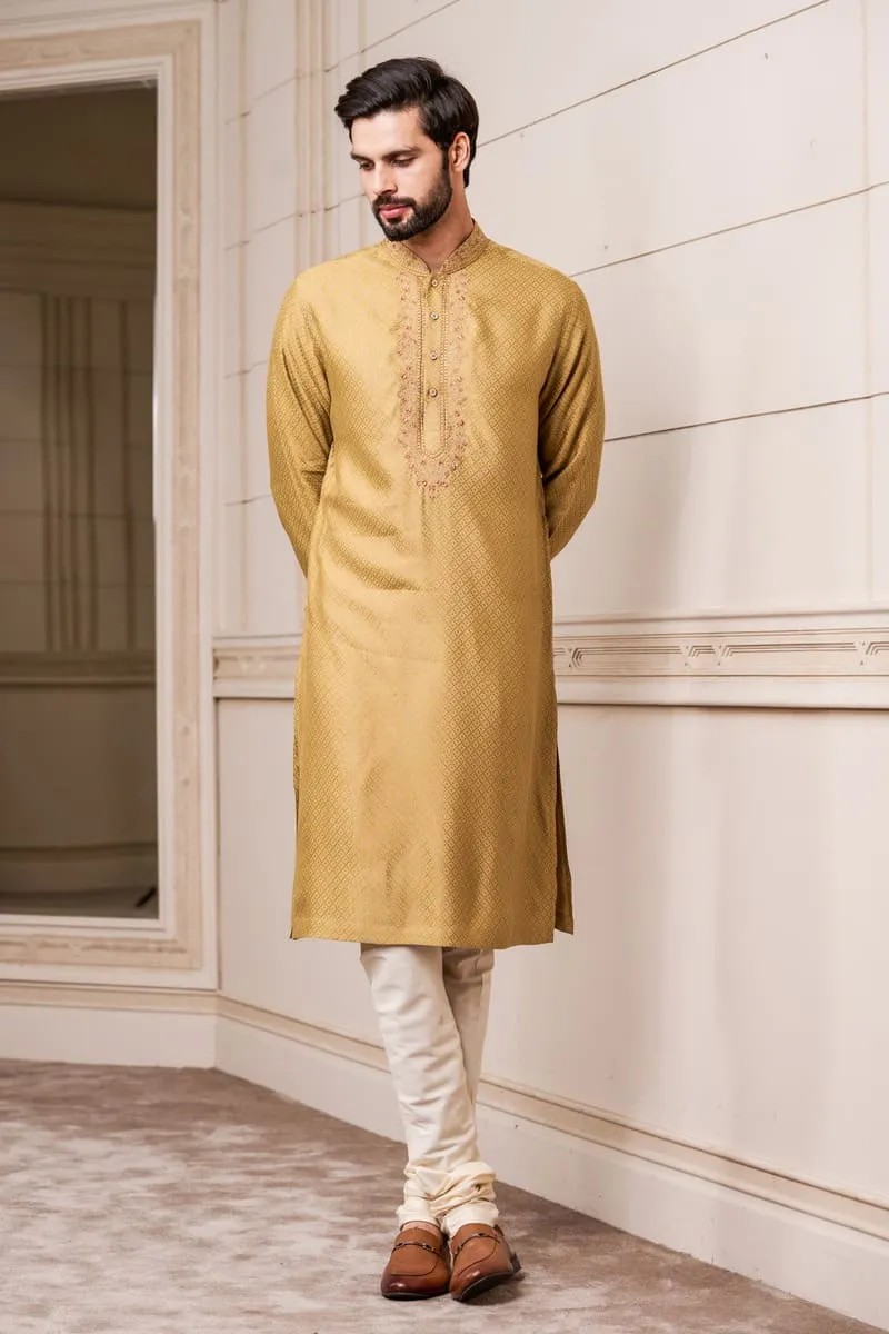 Brown Self Textured Silk Jacquard Kurta Set With Embroidered Neck And Collar