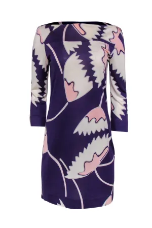 Diane von Furstenberg - Purple Floral Printed Silk Boat Neck Dress Sz 8