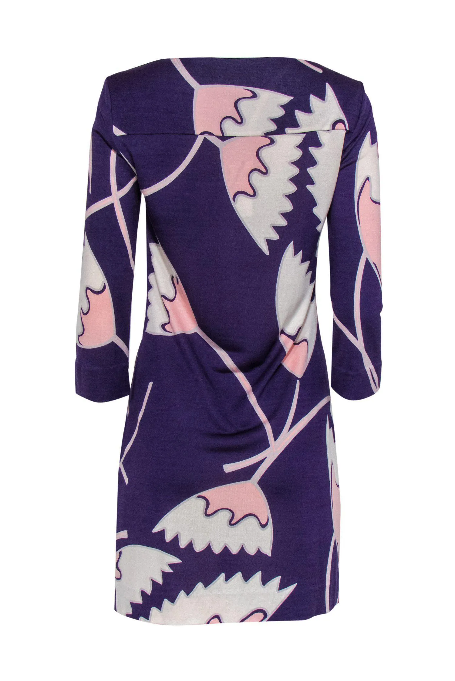 Diane von Furstenberg - Purple Floral Printed Silk Boat Neck Dress Sz 8