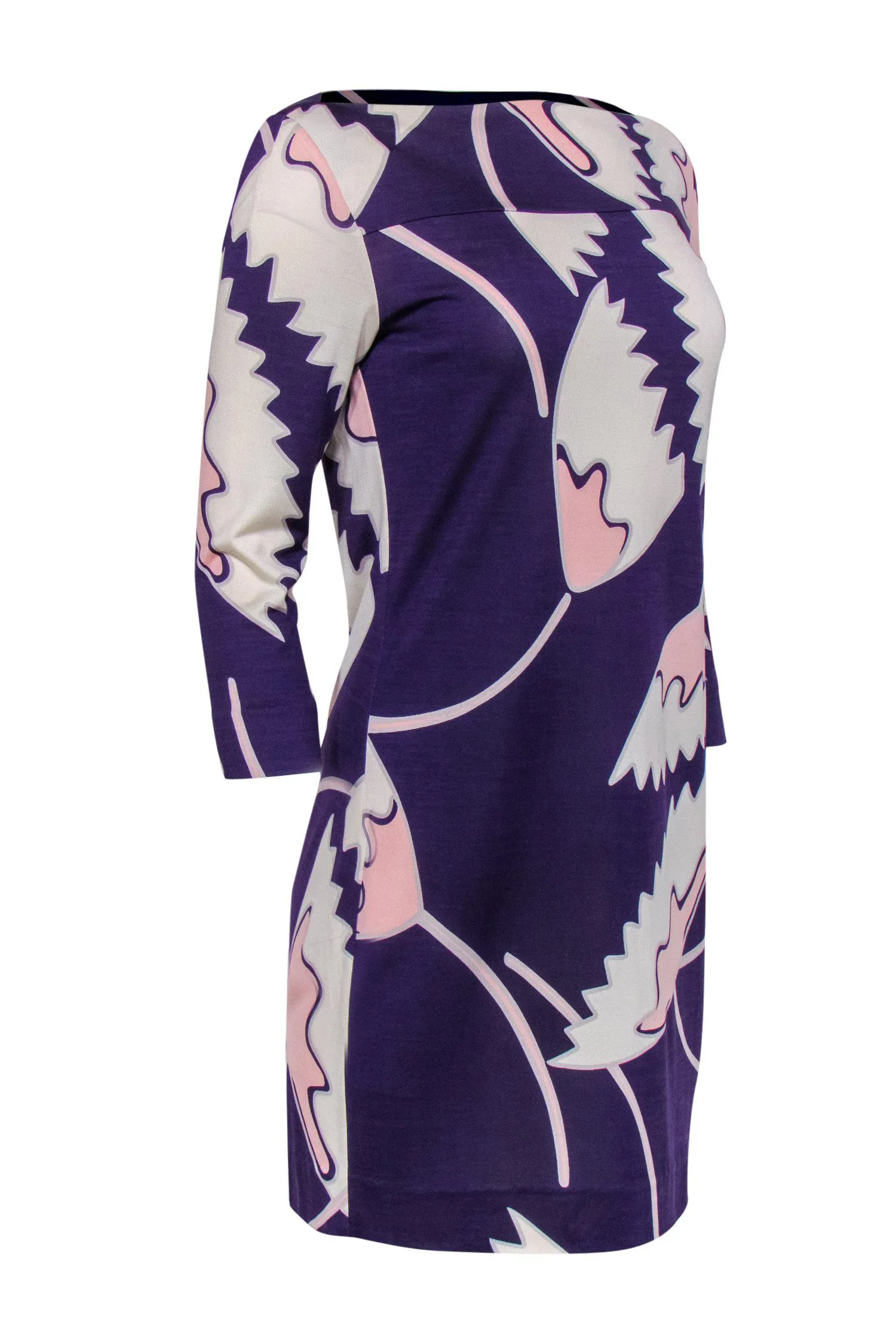 Diane von Furstenberg - Purple Floral Printed Silk Boat Neck Dress Sz 8