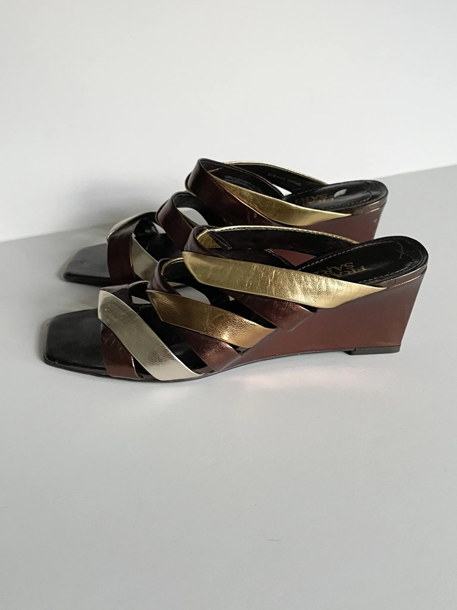 Franco Sarto Leather Bronze Silver Gold Strap Square Toe Wedge Heel Sandals - Size 6.5