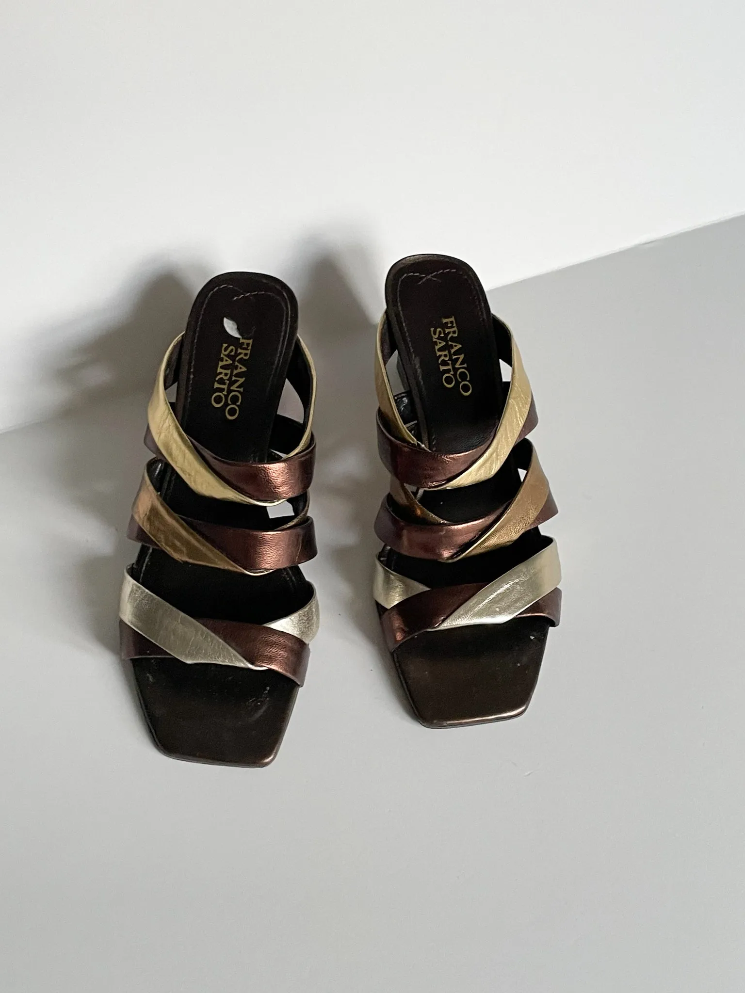 Franco Sarto Leather Bronze Silver Gold Strap Square Toe Wedge Heel Sandals - Size 6.5