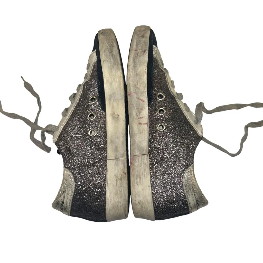 *Golden Goose Superstar Glitter Leather Suede Star & Toe Hidden Lift Platform Sneakers w/Box, Size 36