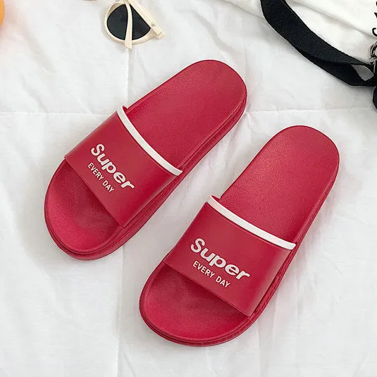 HTUUA 2018 Summer Shoes Chic Letters Slippers Women Korean Candy color Flat Slides Outdoor Indoor Bathroom Home Slippers SX1550