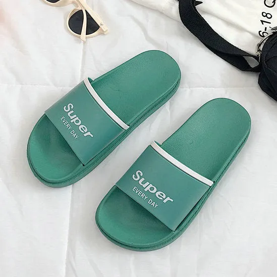 HTUUA 2018 Summer Shoes Chic Letters Slippers Women Korean Candy color Flat Slides Outdoor Indoor Bathroom Home Slippers SX1550