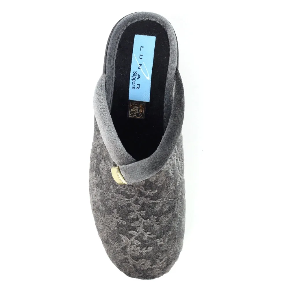 Ladies Bedroom Slippers Mule Wedge Heel Slip on Grey Lunar Amaretto