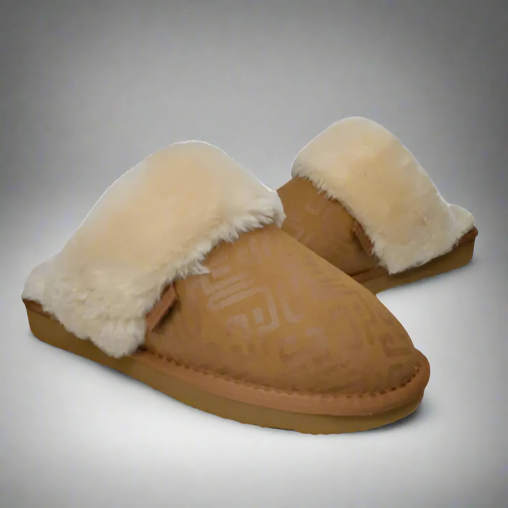 Ladies Yukon Bedroom Sliders Chestnut Print Leather Shearling Albert Warm Mules