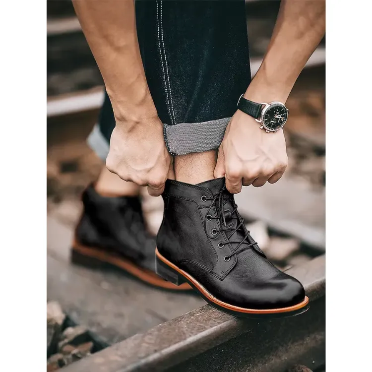 Men's Vintage Vegan Leather Boots with Polished Finish | Eco-Friendly Materials for All Seasons