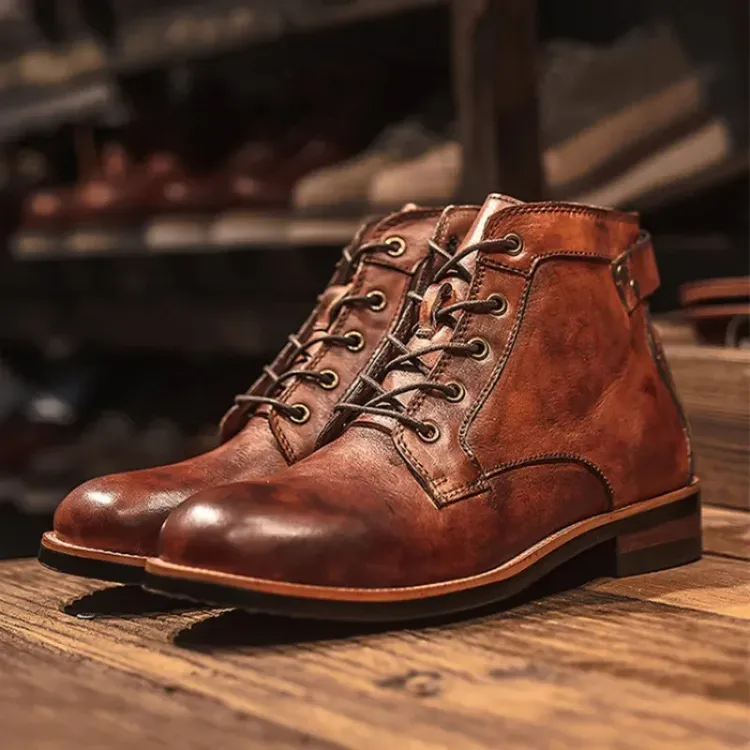 Men's Vintage Vegan Leather Boots with Polished Finish | Eco-Friendly Materials for All Seasons