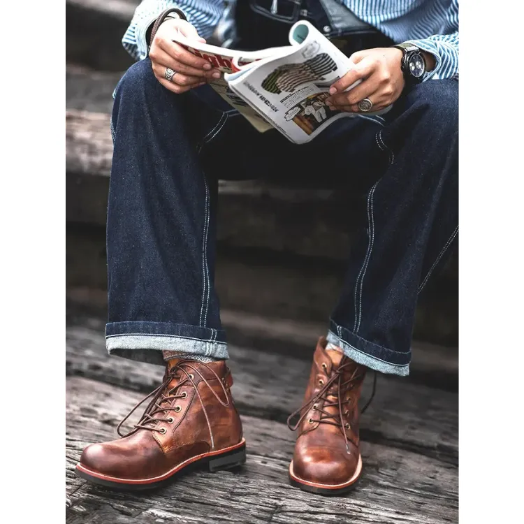 Men's Vintage Vegan Leather Boots with Polished Finish | Eco-Friendly Materials for All Seasons