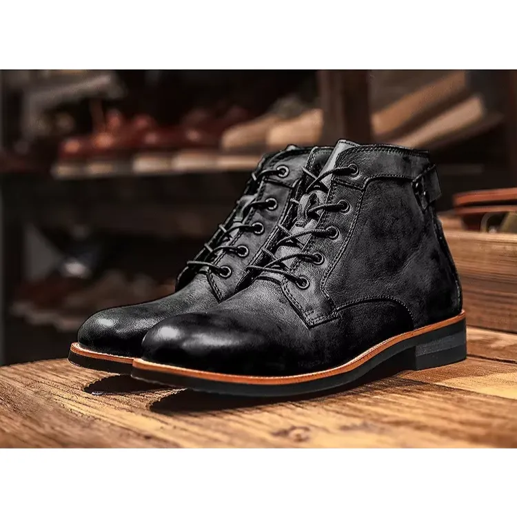 Men's Vintage Vegan Leather Boots with Polished Finish | Eco-Friendly Materials for All Seasons