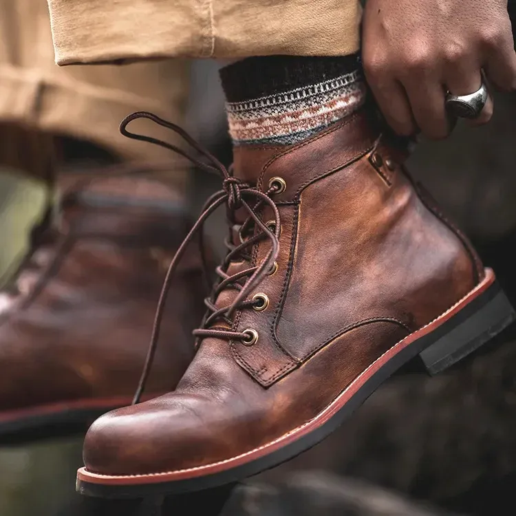 Men's Vintage Vegan Leather Boots with Polished Finish | Eco-Friendly Materials for All Seasons