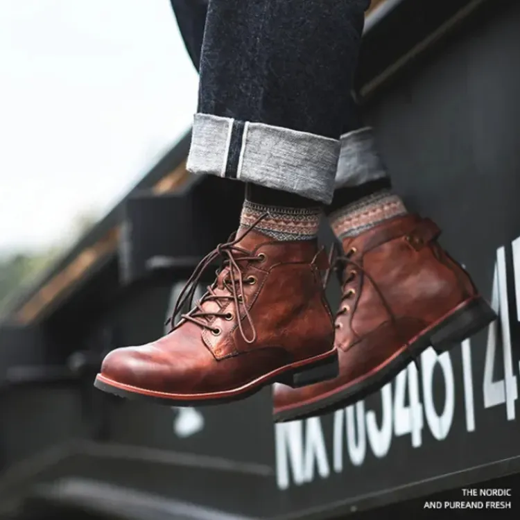 Men's Vintage Vegan Leather Boots with Polished Finish | Eco-Friendly Materials for All Seasons