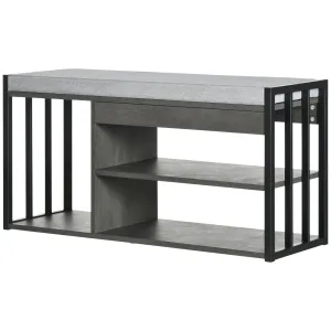 Shoe Storage with Seat, Upholstered Entryway Bench, Shoe Bench with 3 Open Shelves for Hallway, Grey