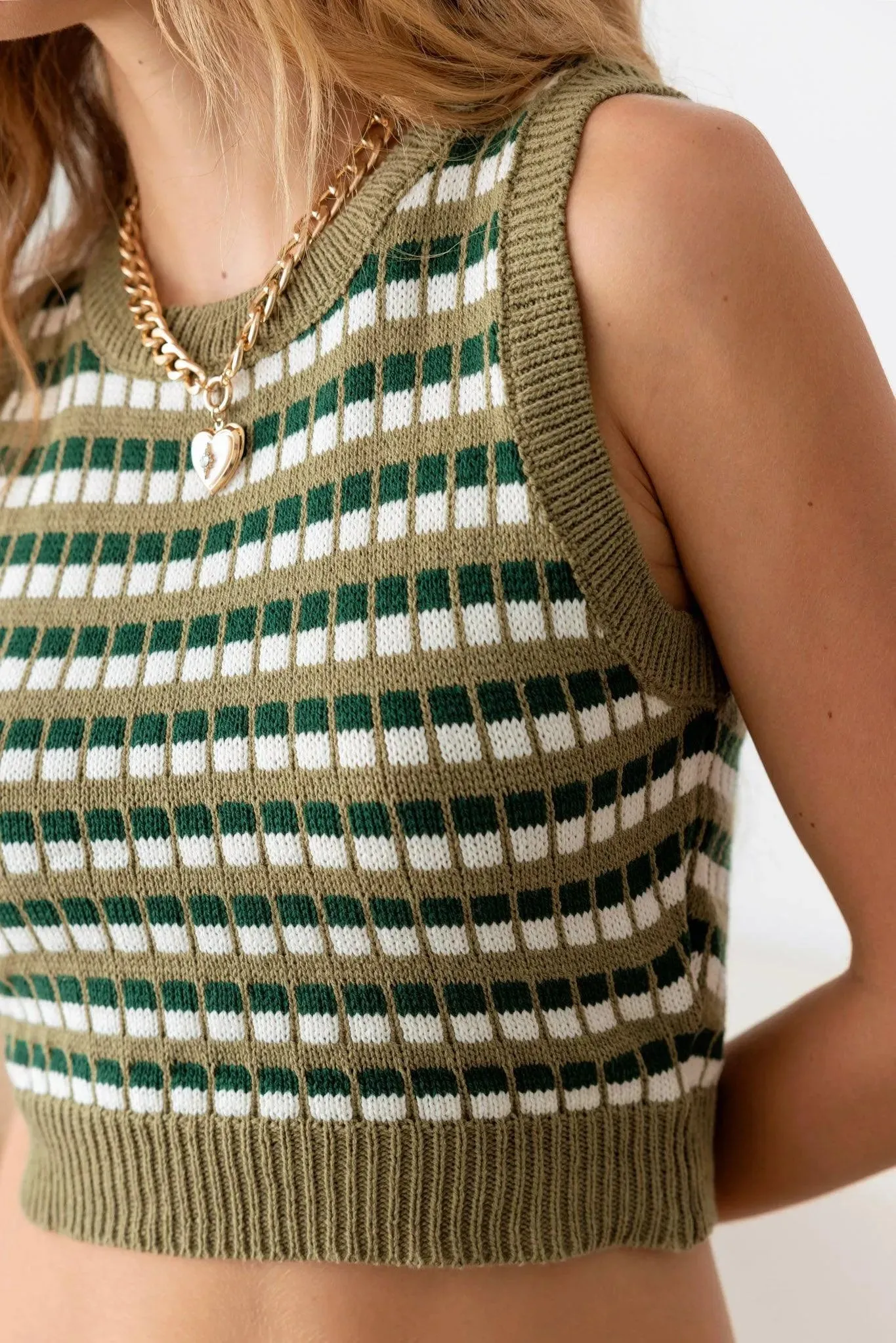 Stripe Round Neck Crochet Effect Sweater Vest Top