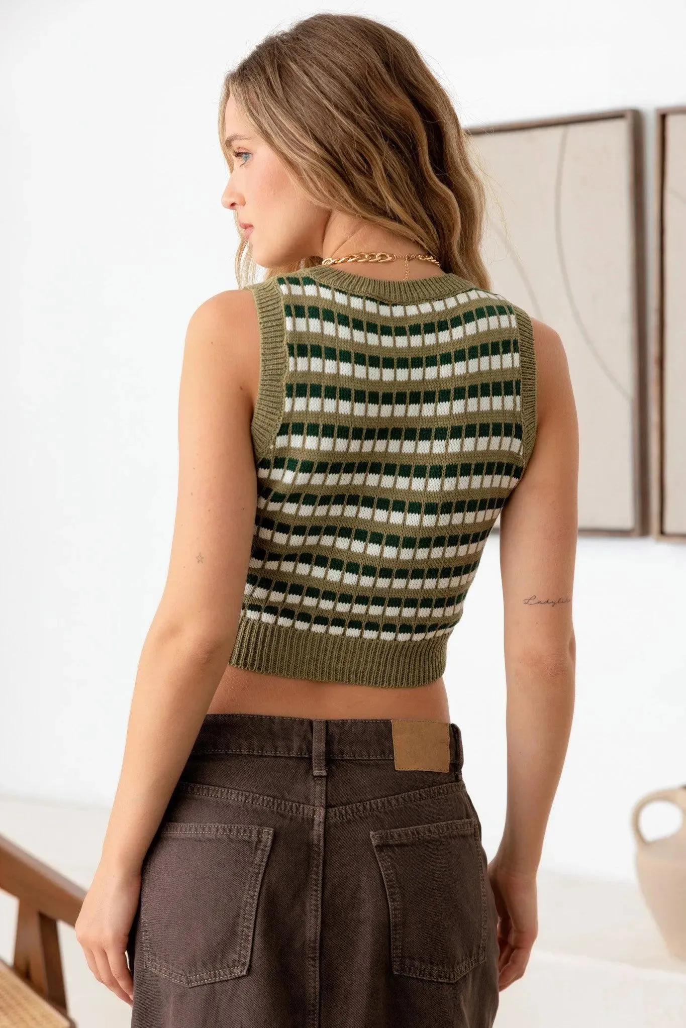 Stripe Round Neck Crochet Effect Sweater Vest Top