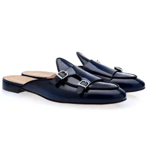 SUPERGLAMOUROUS Tangerine 7 Men's Shoes Navy Polished Leather Monk-Straps Belgian Slipper Mules (SPGM1241)