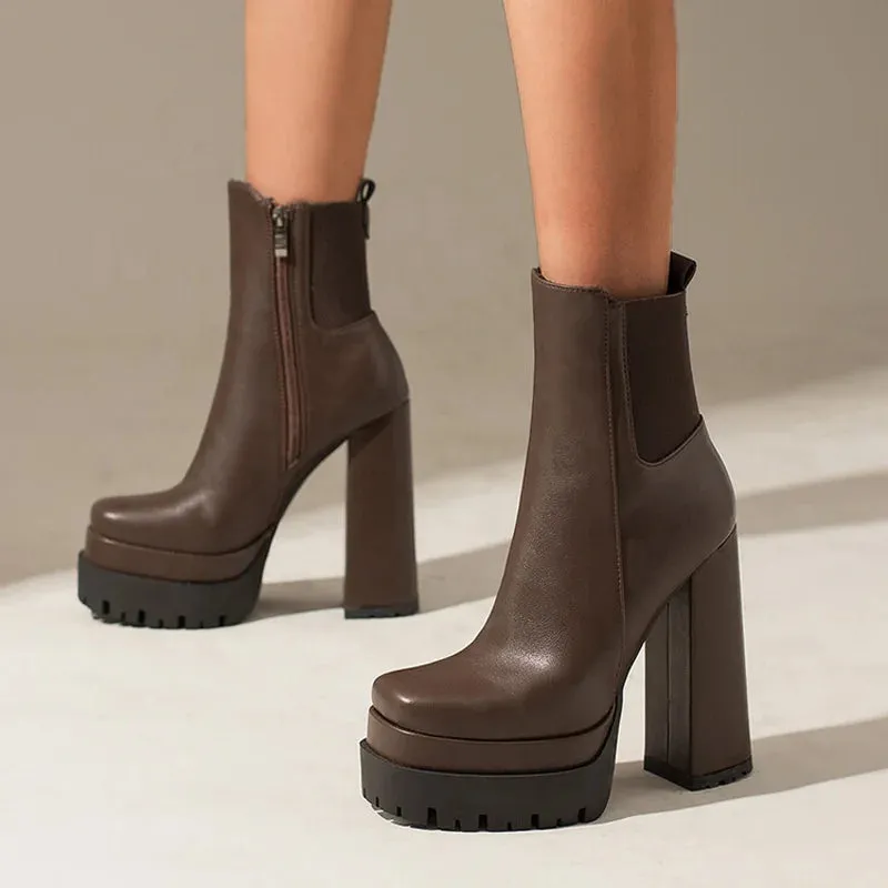 Trend4us Chunky Platform Block Heel Ankle Boots