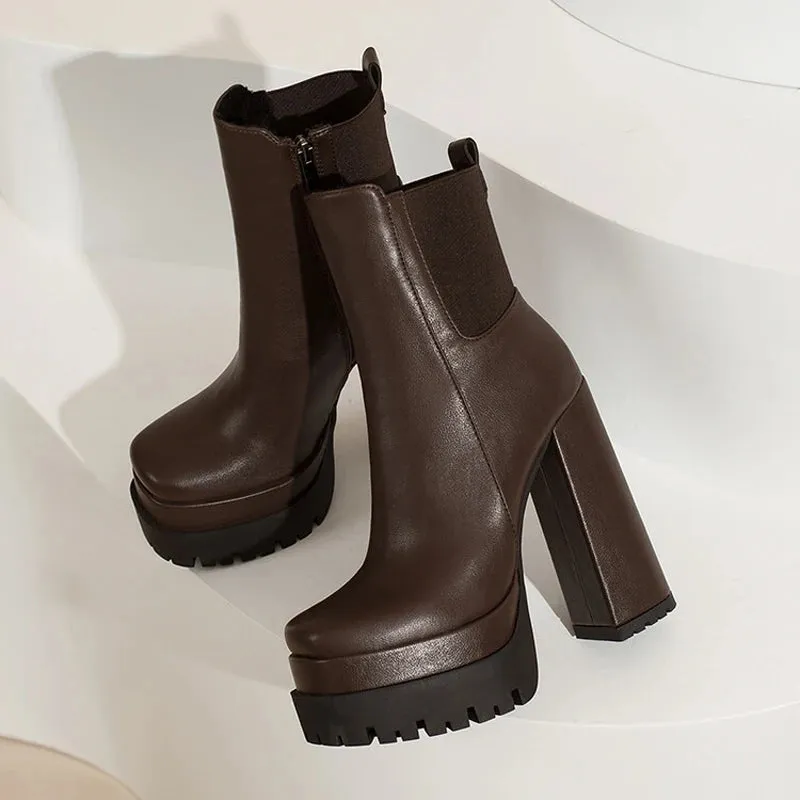 Trend4us Chunky Platform Block Heel Ankle Boots