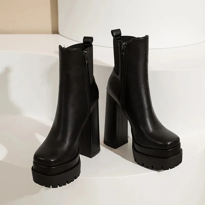 Trend4us Chunky Platform Block Heel Ankle Boots