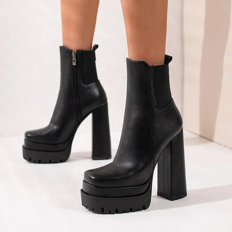 Trend4us Chunky Platform Block Heel Ankle Boots