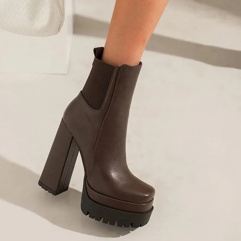 Trend4us Chunky Platform Block Heel Ankle Boots