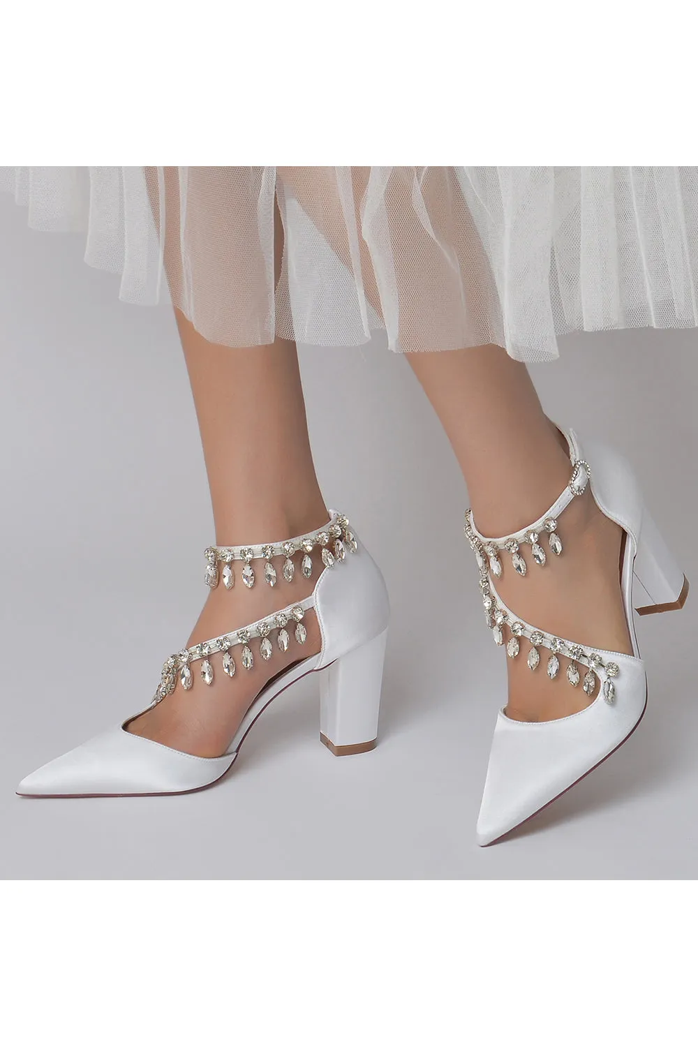 White High Heels with Chain and Crystal Accent