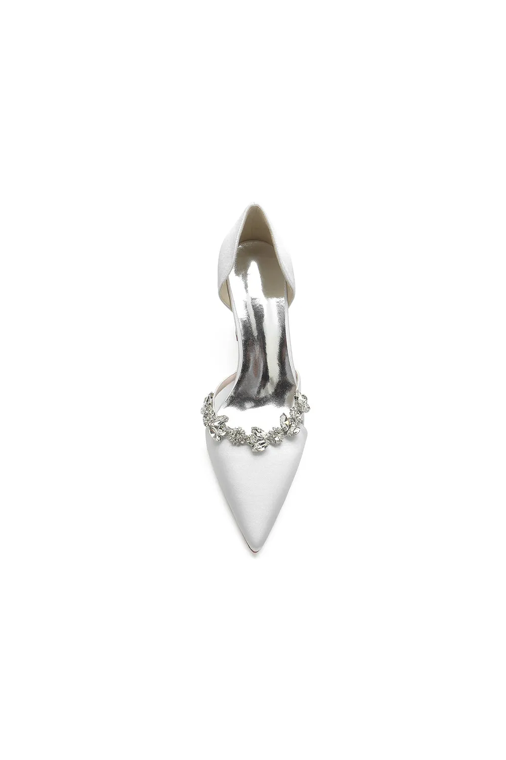 White Satin Pump with Intricate Crystal Embellishments and Transparent Heel