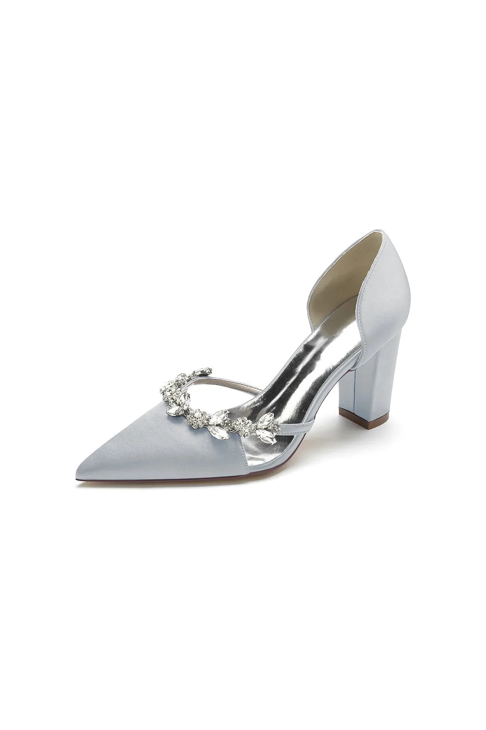 White Satin Pump with Intricate Crystal Embellishments and Transparent Heel