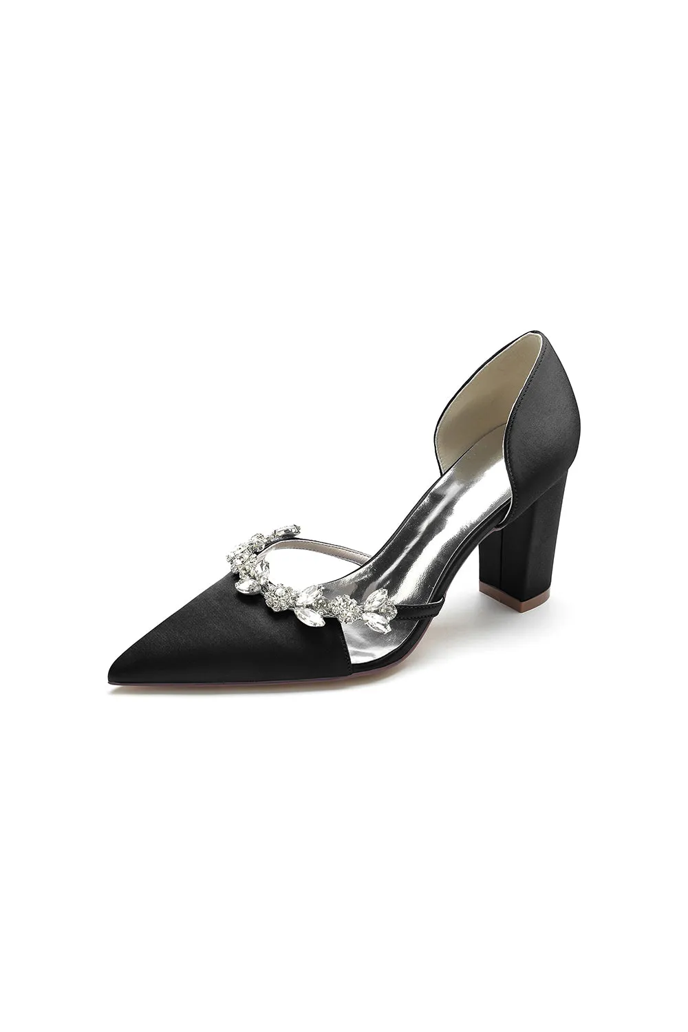 White Satin Pump with Intricate Crystal Embellishments and Transparent Heel