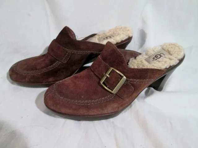 Womens UGG AUSTRALIA 5565 ISABELLA Suede Shearling High Heel Clogs Shoes 8 Brown Mules