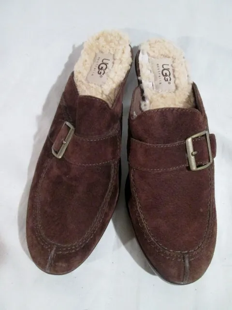 Womens UGG AUSTRALIA 5565 ISABELLA Suede Shearling High Heel Clogs Shoes 8 Brown Mules