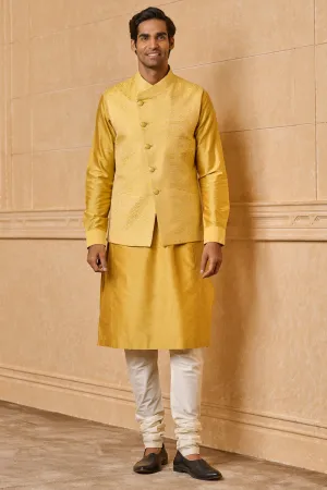 Yellow Asymmetric Jacquard Kurta Bundi Set