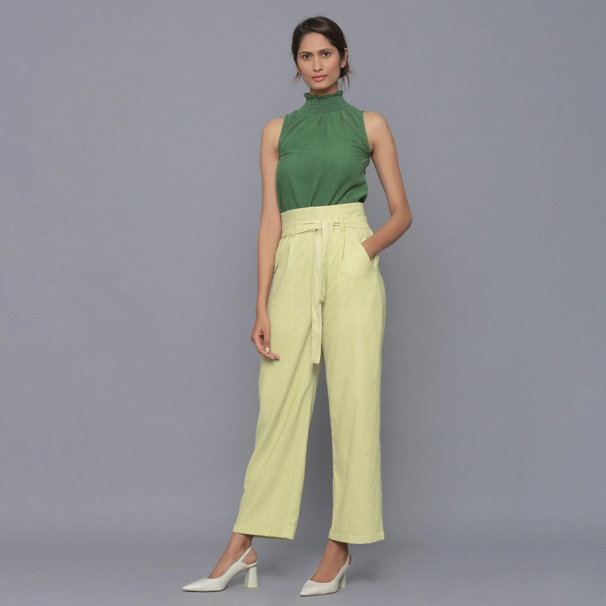 Yellow Pistachio Warm Cotton Corduroy High-Rise Pant